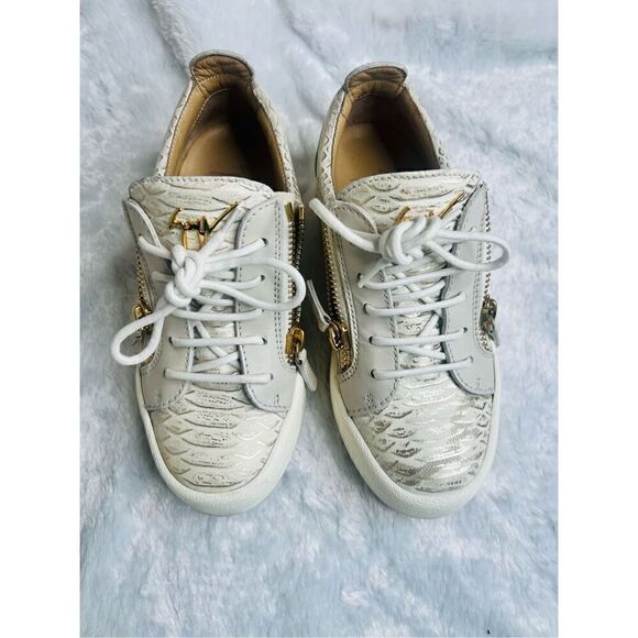 Giuseppe Zanotti Gold/Cream Python Embossed Leather And Leather Double Zip Low T - Picture 9 of 12
